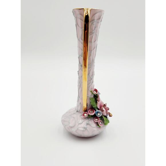 VTG Japanese Pink Floral Vase adorned with pink and blue flowers guilded handles - Picture 6 of 8